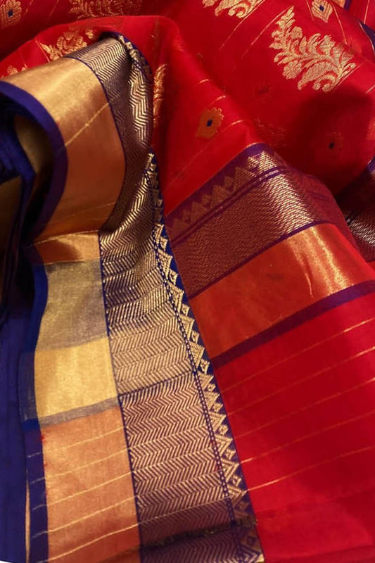 Red Chanderi Handloom Katan Organza Pure Silk Saree - Luxurion World