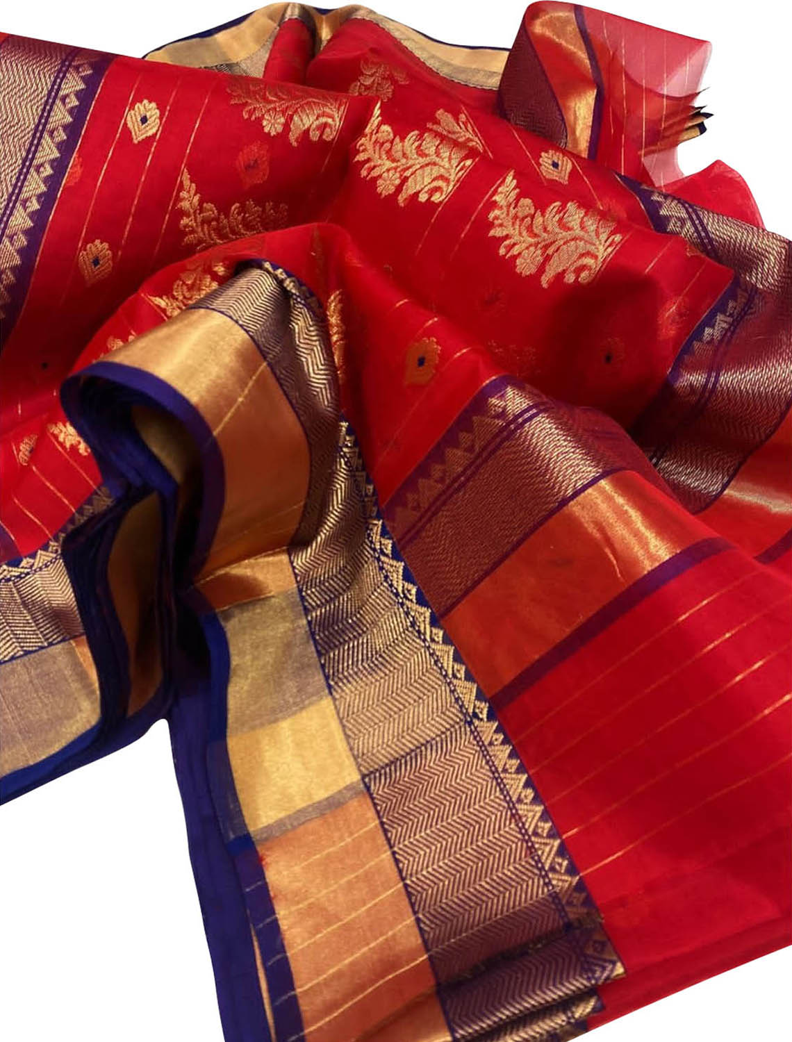 Red Chanderi Handloom Katan Organza Pure Silk Saree - Luxurion World