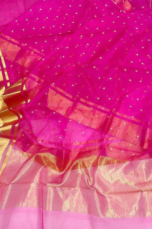 Elegant Pink Chanderi Handloom  Katan Organza Silk Saree - Luxurion World