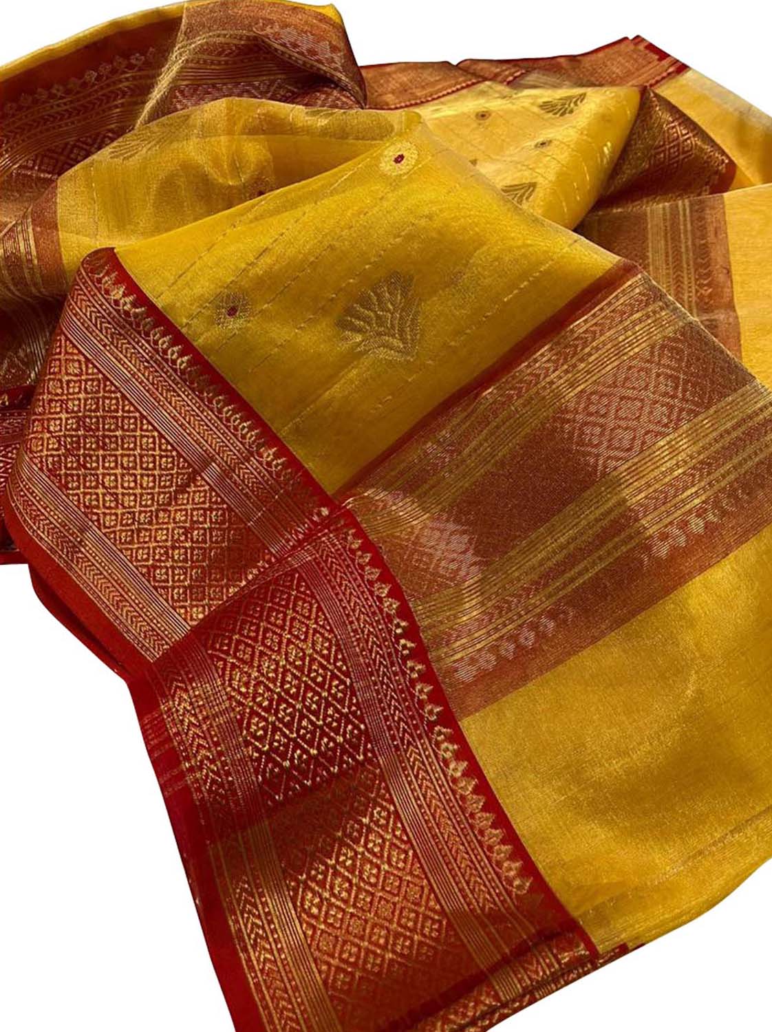 Yellow Chanderi Handloom Silk Saree with Organza Tissue - Luxurion World