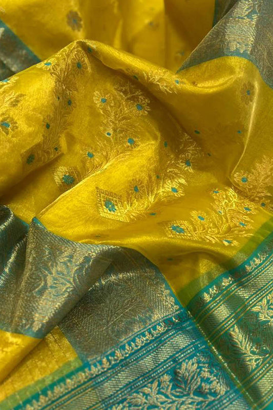 Yellow Chanderi Handloom Silk Saree with Organza Tissue - Luxurion World