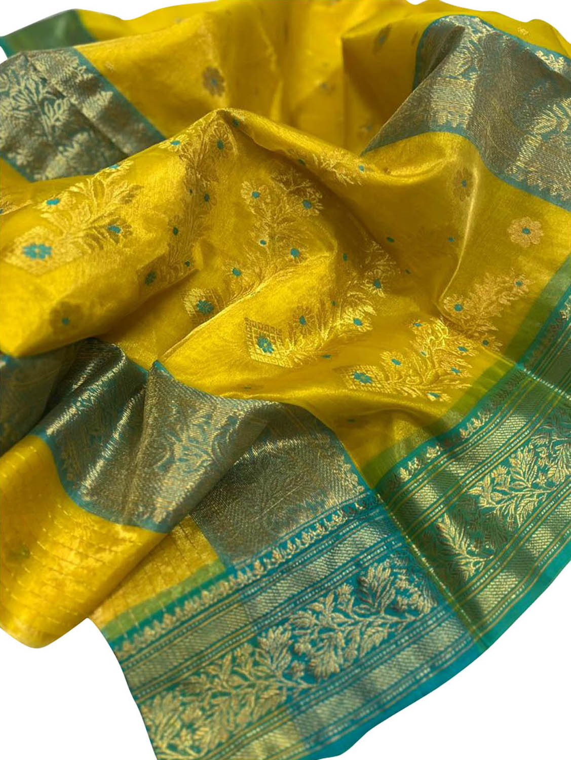 Yellow Chanderi Handloom Silk Saree with Organza Tissue - Luxurion World