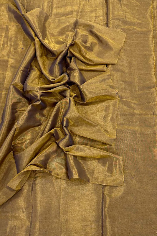 Golden Chanderi Handloom Plain Tissue Silk Saree