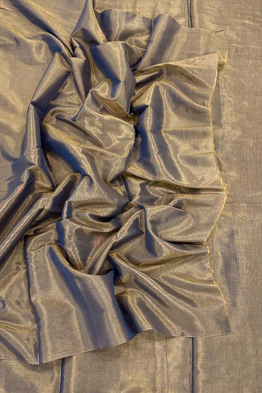 Golden Chanderi Handloom Plain Tissue Silk Saree - Luxurion World