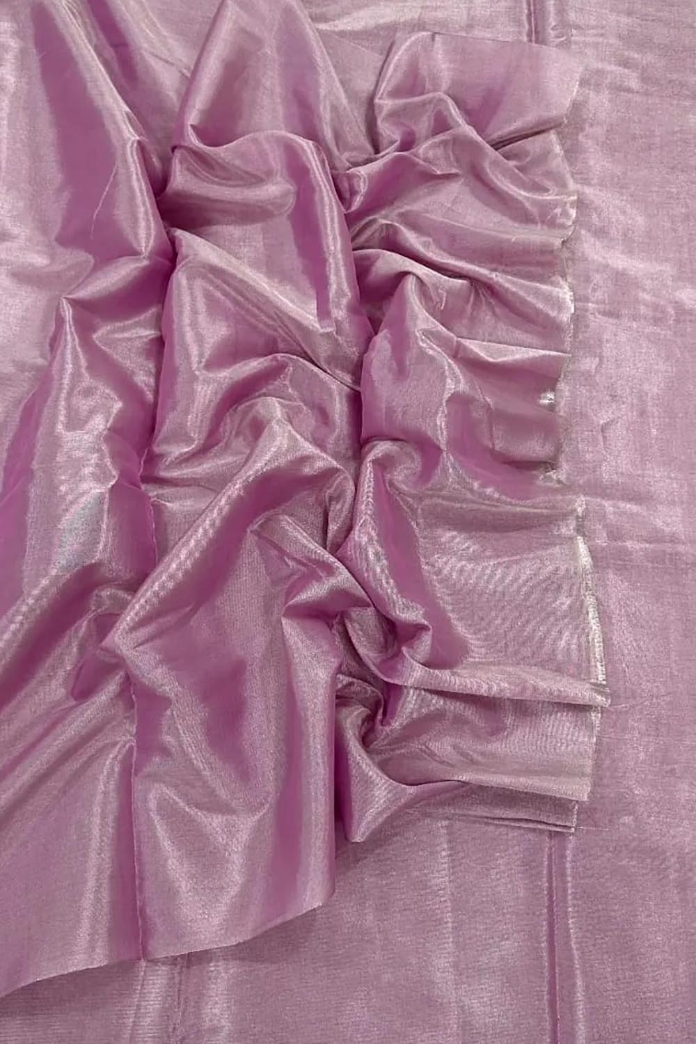 Pink Chanderi Handloom Plain Tissue Silk Saree - Luxurion World