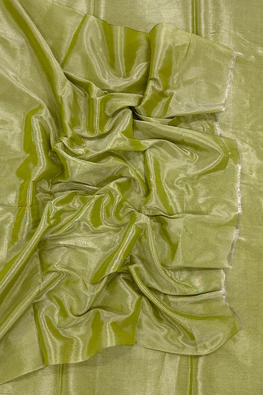 Green Chanderi Handloom Plain Tissue Silk Saree - Luxurion World