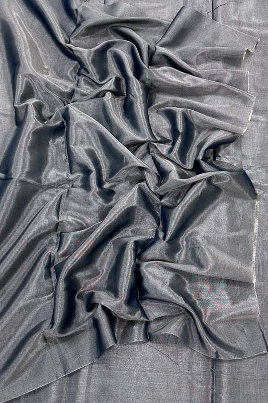 Silver Chanderi Handloom Plain Tissue Silk Saree - Luxurion World
