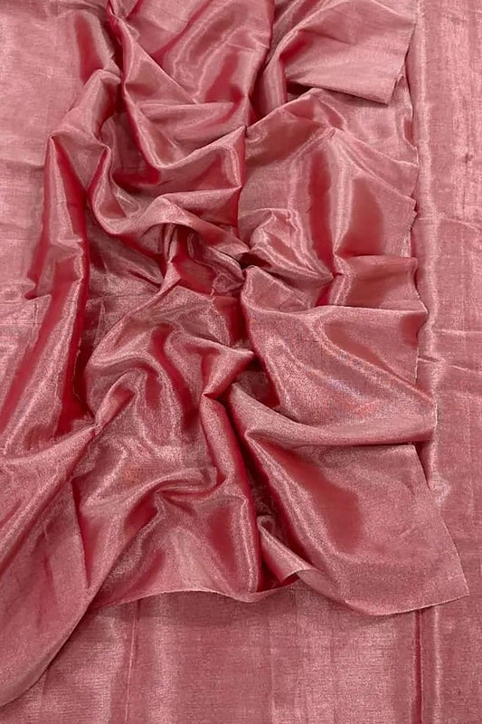 Pink Chanderi Handloom Plain Tissue Silk Saree - Luxurion World