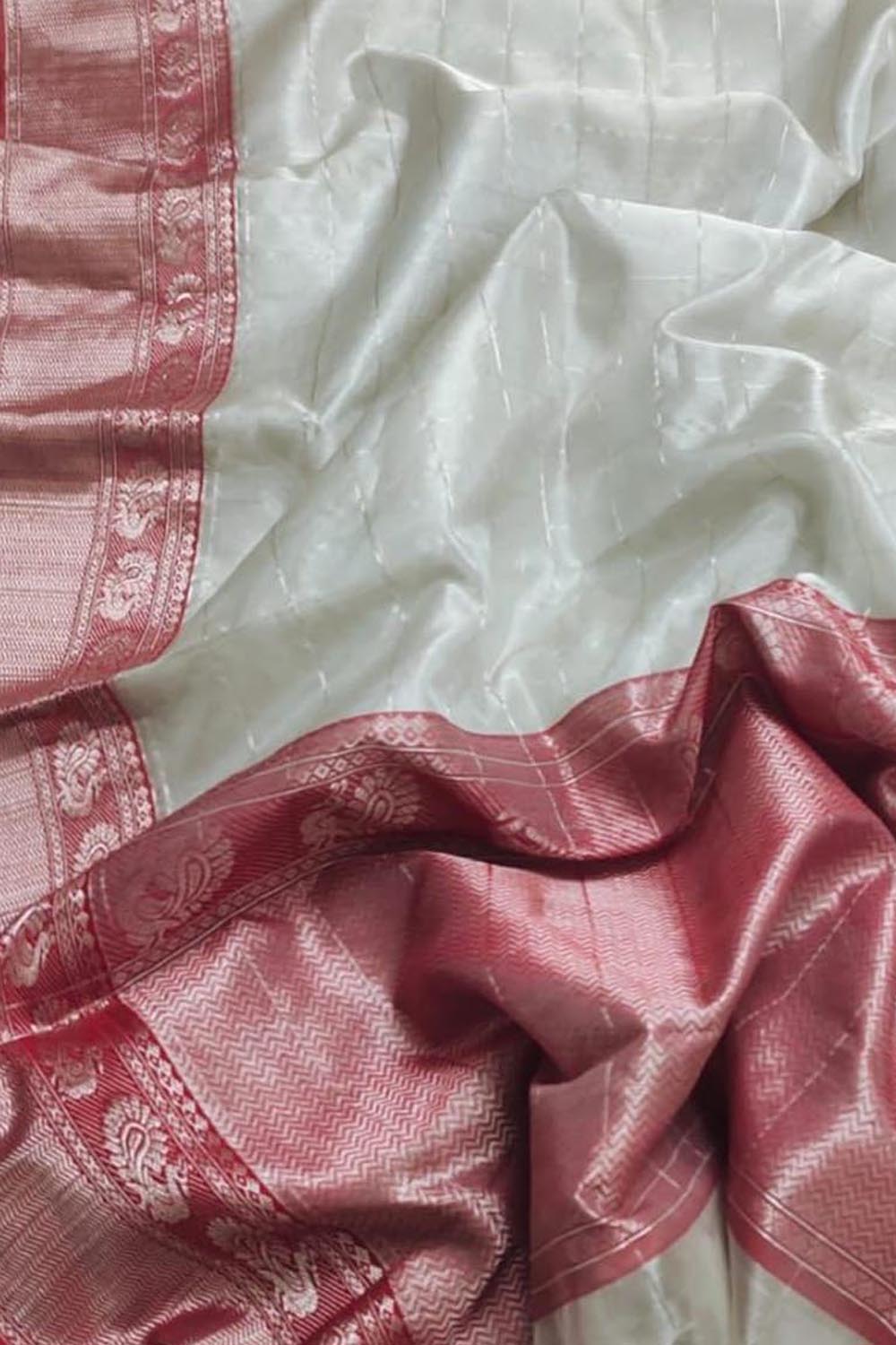 Elegant Off White Chanderi Handloom Pure Katan Silk Saree - Luxurion World