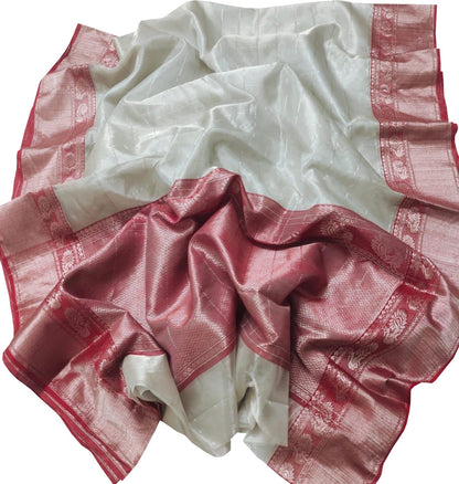 Elegant Off White Chanderi Handloom Pure Katan Silk Saree - Luxurion World