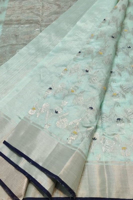 Elegant Blue Chanderi Handloom Pure Katan Silk Saree