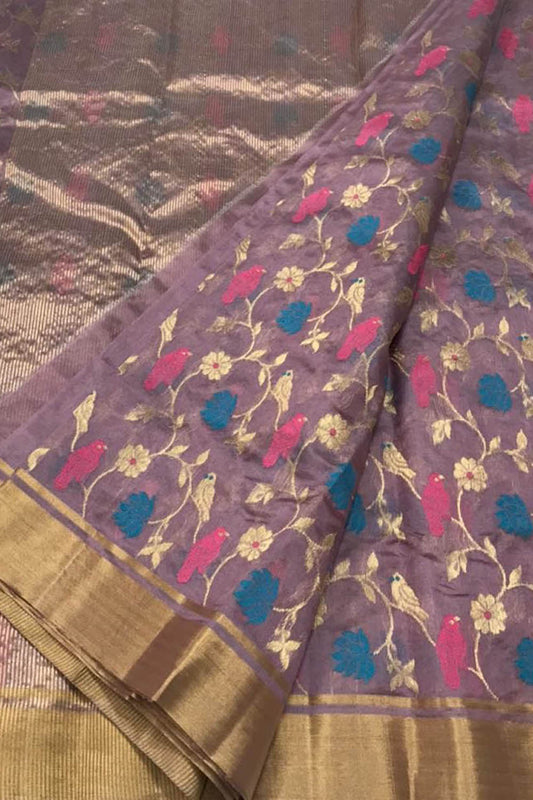 Elegant Purple Chanderi Handloom Pure Katan Silk Saree