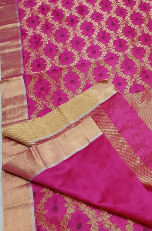 Pink Handloom Chanderi Pure Silk Saree - Luxurion World