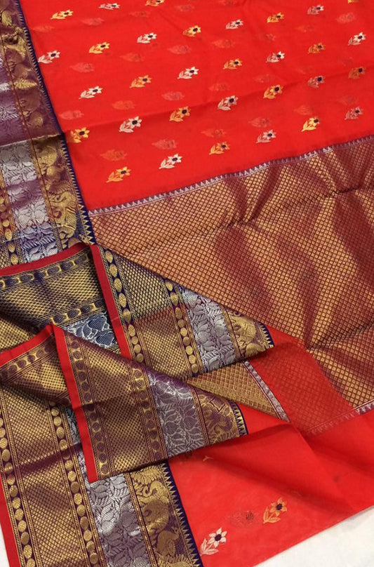 Orange Handloom Chanderi Pure Katan Silk Peacock Design Meenakari Saree - Luxurion World