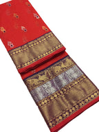 Orange Handloom Chanderi Pure Katan Silk Peacock Design Meenakari Saree - Luxurion World