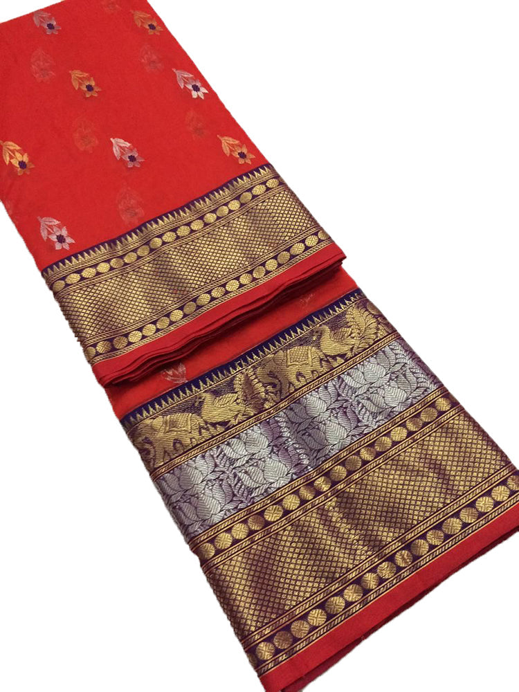 Orange Handloom Chanderi Pure Katan Silk Peacock Design Meenakari Saree - Luxurion World