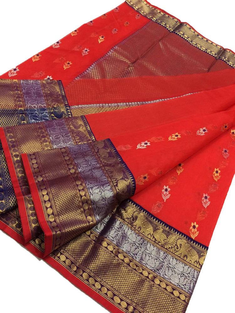 Orange Handloom Chanderi Pure Katan Silk Peacock Design Meenakari Saree - Luxurion World