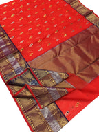 Orange Handloom Chanderi Pure Katan Silk Peacock Design Meenakari Saree - Luxurion World