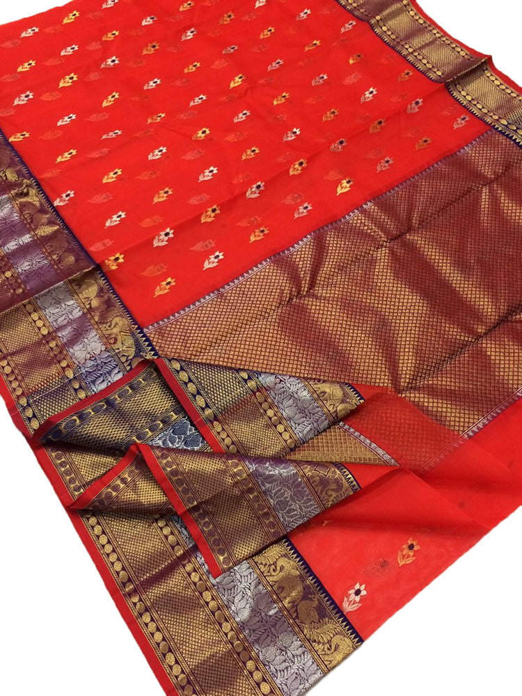 Orange Handloom Chanderi Pure Katan Silk Peacock Design Meenakari Saree - Luxurion World