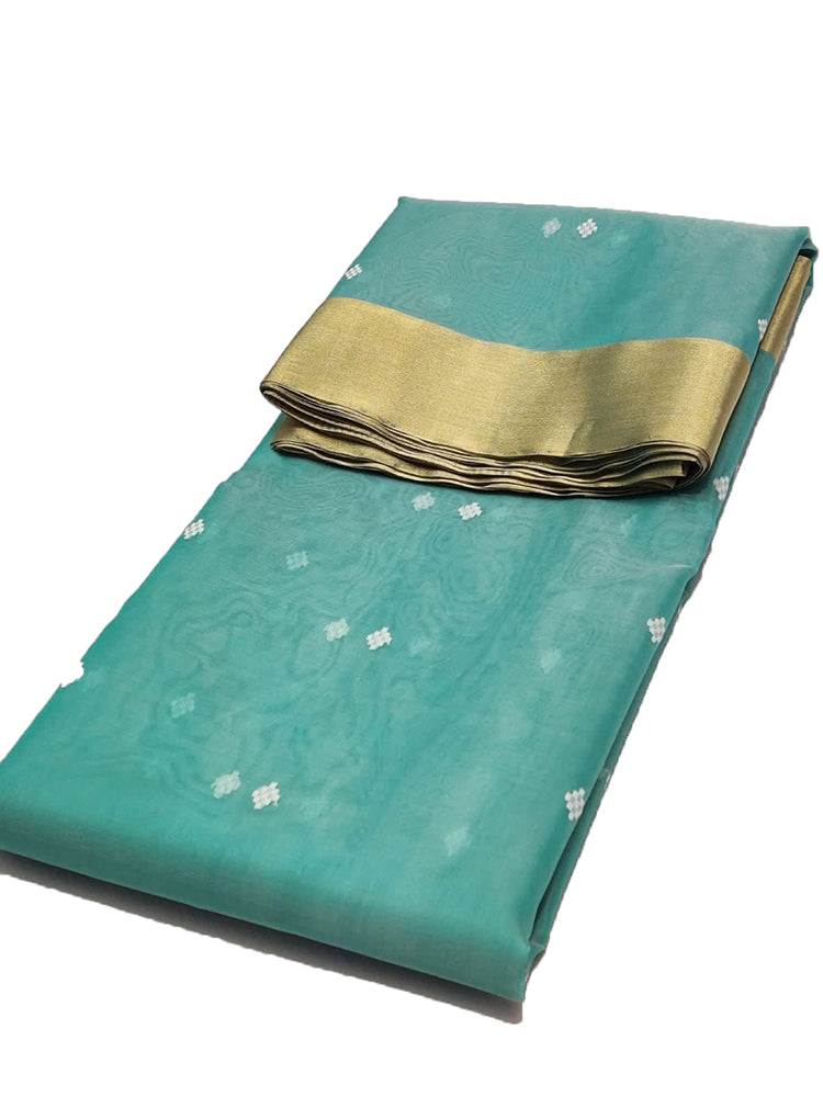 Blue Handloom Chanderi Pure Katan Silk Small Booti Saree - Luxurion World