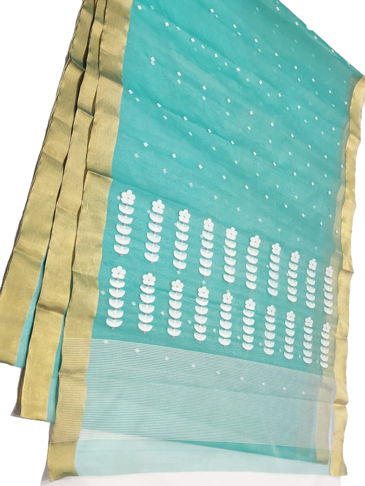 Blue Handloom Chanderi Pure Katan Silk Small Booti Saree - Luxurion World