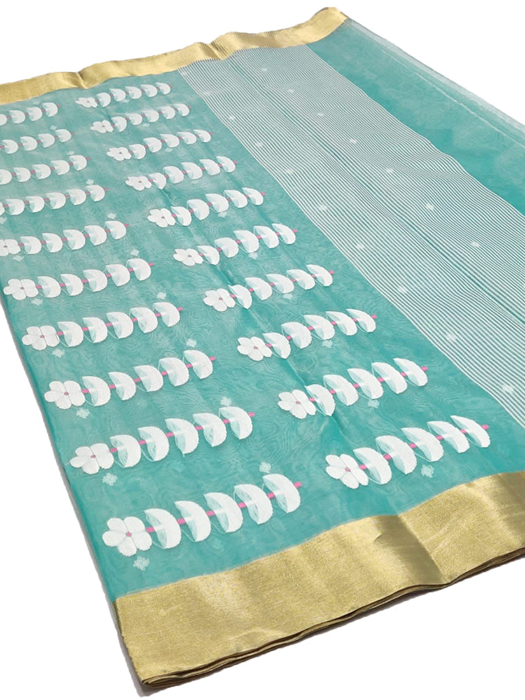 Blue Handloom Chanderi Pure Katan Silk Small Booti Saree - Luxurion World