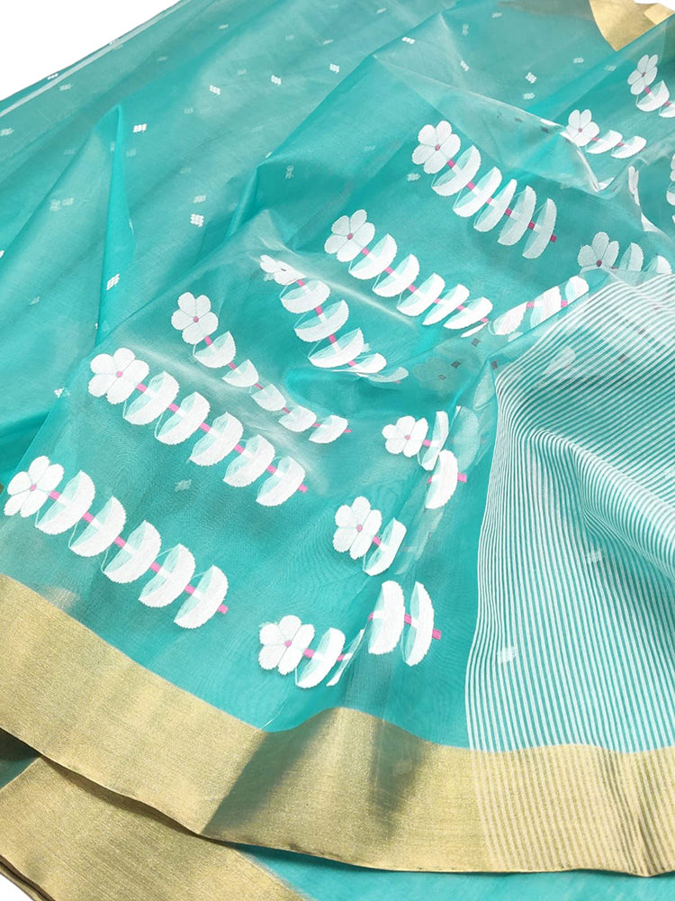Blue Handloom Chanderi Pure Katan Silk Small Booti Saree - Luxurion World
