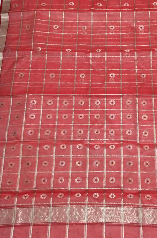 Red Handloom Chanderi Pure Katan Silk Checks Design Meena Motifs Saree - Luxurion World