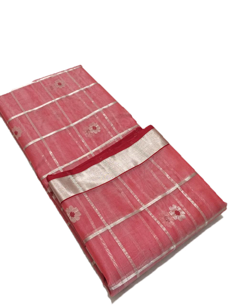 Red Handloom Chanderi Pure Katan Silk Checks Design Meena Motifs Saree - Luxurion World