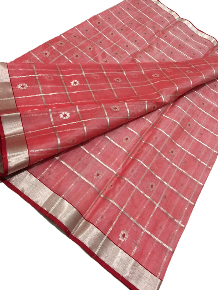 Red Handloom Chanderi Pure Katan Silk Checks Design Meena Motifs Saree - Luxurion World