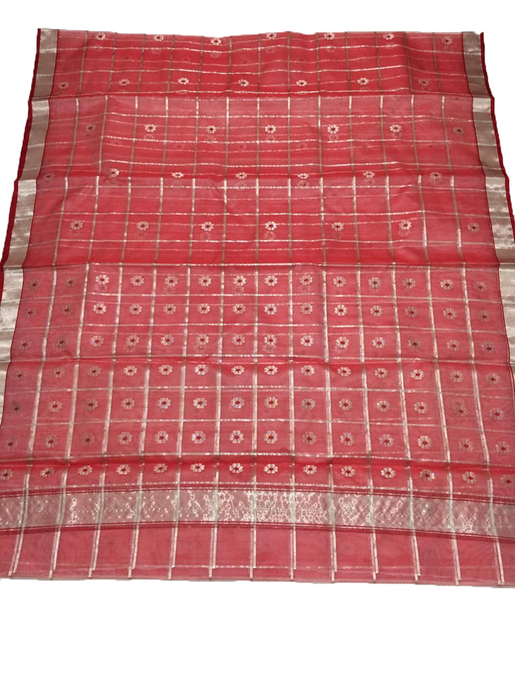 Red Handloom Chanderi Pure Katan Silk Checks Design Meena Motifs Saree - Luxurion World