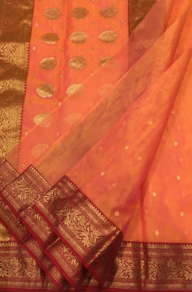 Orange Handloom Chanderi Pure Katan Silk Saree - Luxurion World