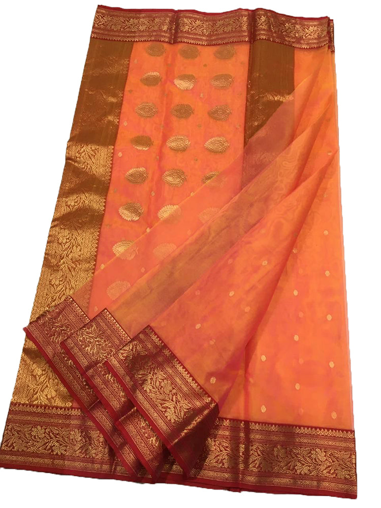 Orange Handloom Chanderi Pure Katan Silk Saree - Luxurion World