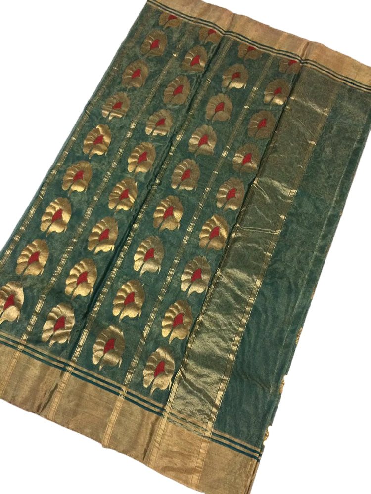 Green Handloom Chanderi Pure Tissue Silk Meena Booti Saree - Luxurion World