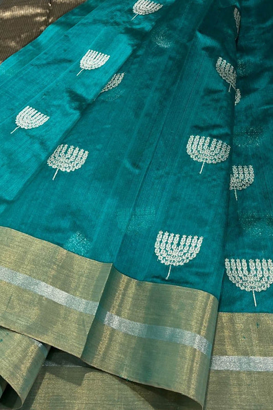 Blue Chanderi Handloom Pure Katan Silk Saree - Luxurion World