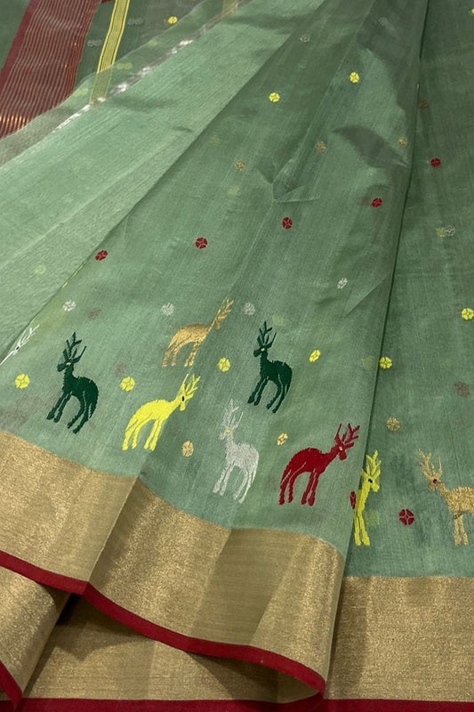 Green Chanderi Handloom Pure Katan Silk Saree - Elegant and Luxurious - Luxurion World