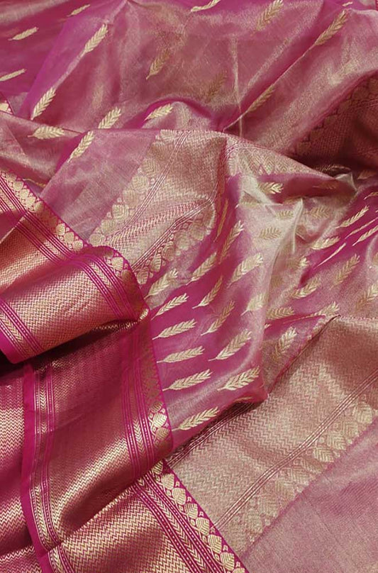 Pink Handloom Chanderi Pure Katan Tissue Silk Saree - Luxurion World