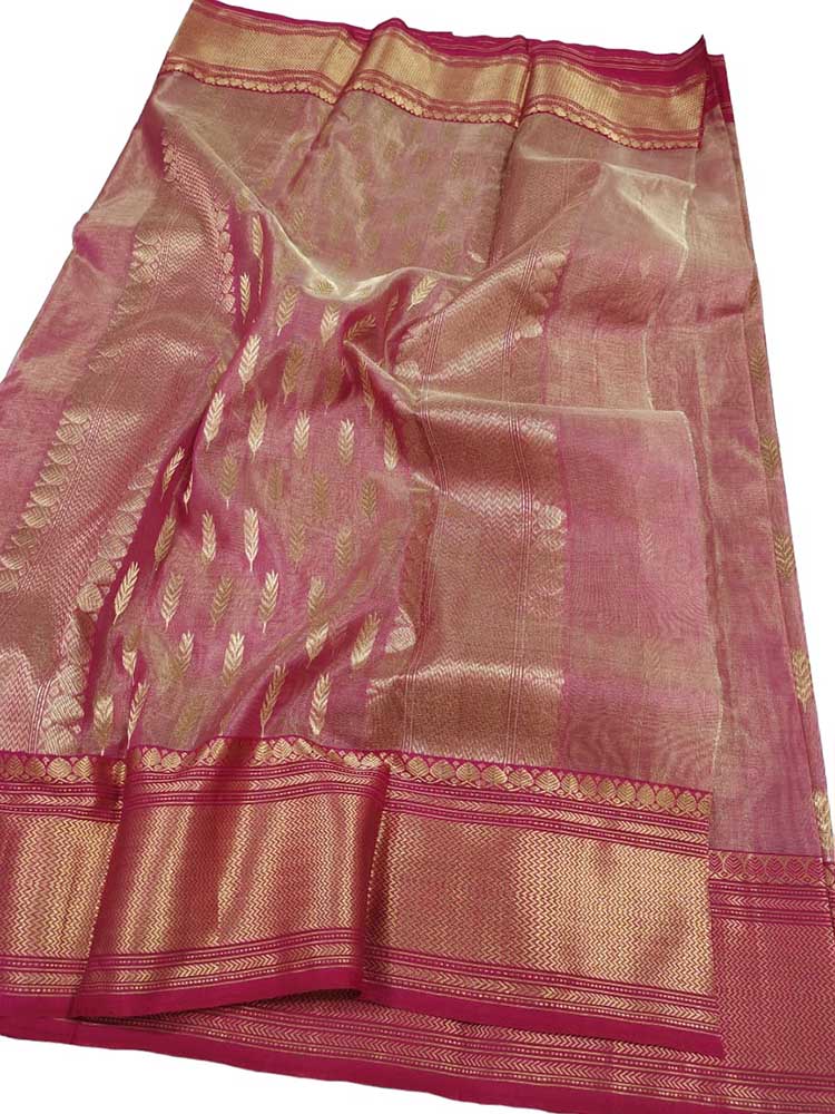 Pink Handloom Chanderi Pure Katan Tissue Silk Saree - Luxurion World