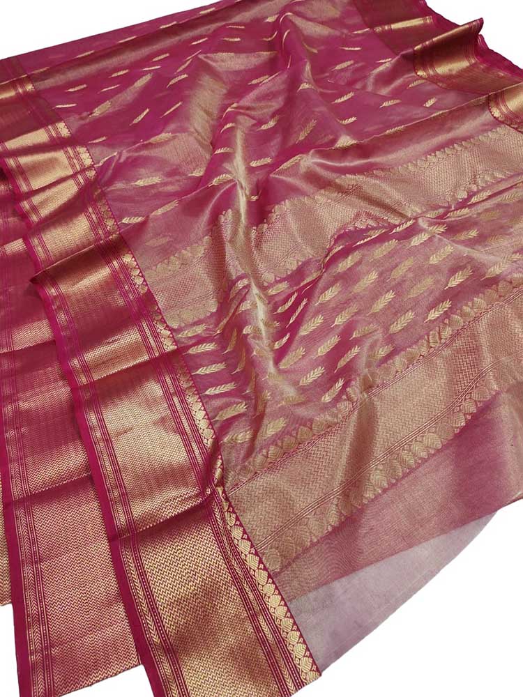Pink Handloom Chanderi Pure Katan Tissue Silk Saree - Luxurion World