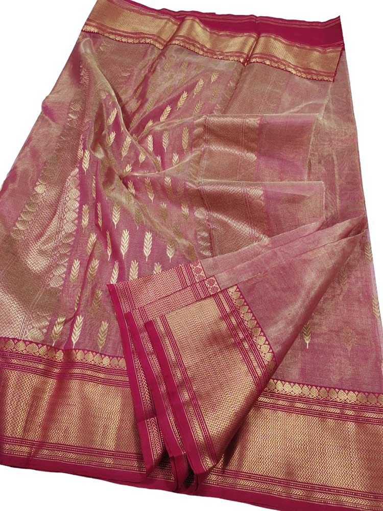 Pink Handloom Chanderi Pure Katan Tissue Silk Saree - Luxurion World
