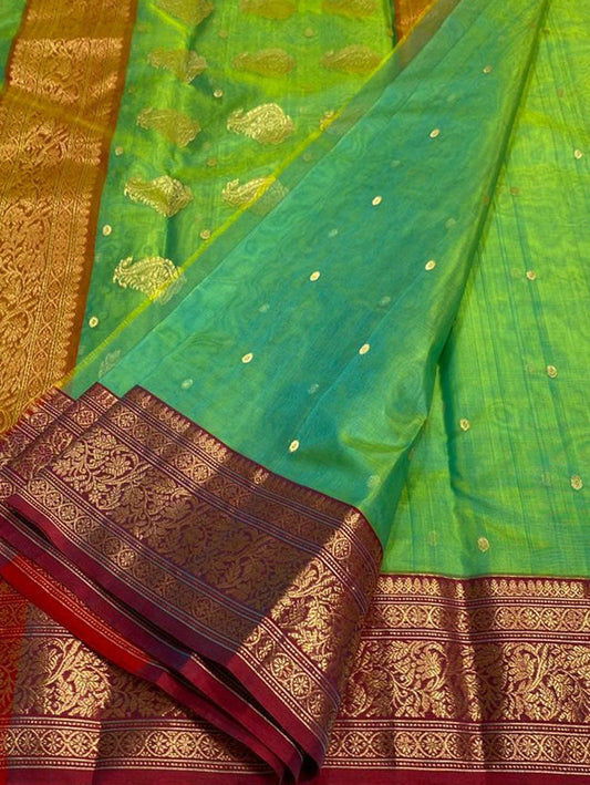 Green And Blue Shot Chanderi Handloom Pure Katan Silk Saree - Luxurion World