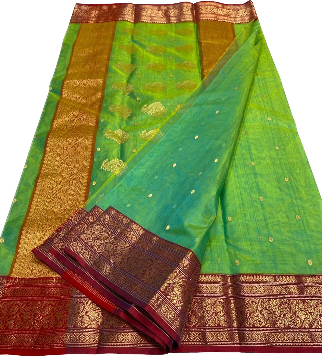Green And Blue Shot Chanderi Handloom Pure Katan Silk Saree - Luxurion World