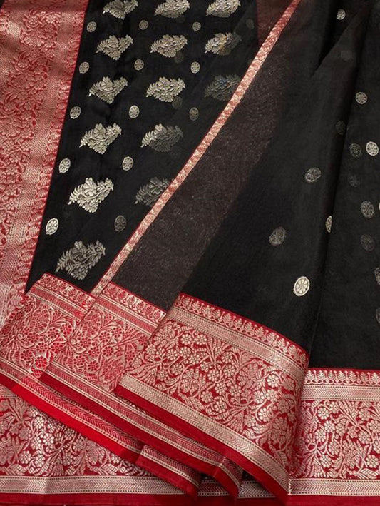 Black Chanderi Handloom Pure Katan Silk Small Booti Design Saree - Luxurion World