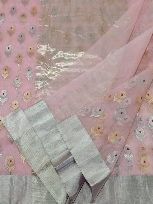 Pink Chanderi Handloom Pure Katan Silk Sona Roopa Saree - Luxurion World