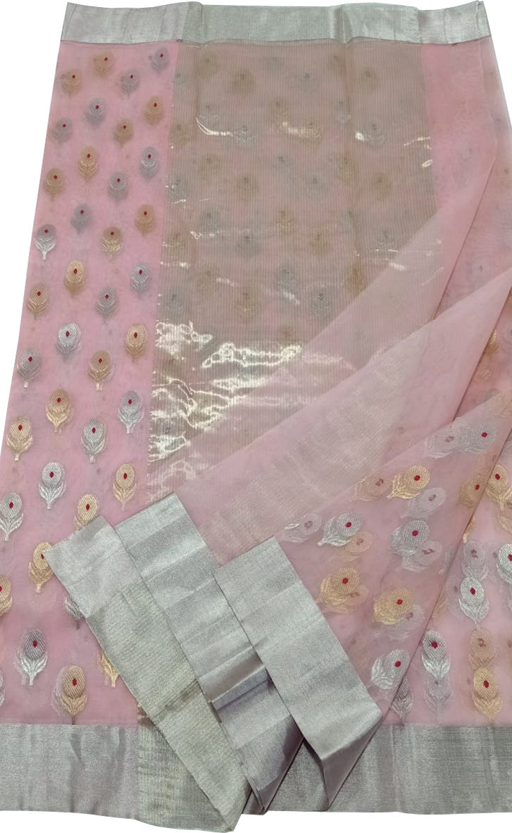 Pink Chanderi Handloom Pure Katan Silk Sona Roopa Saree - Luxurion World
