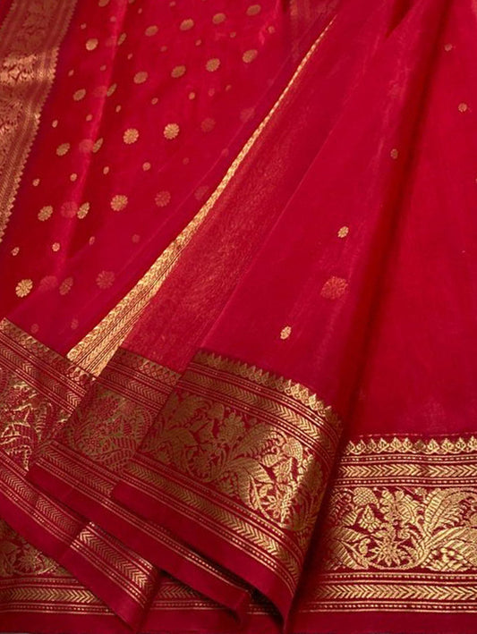Red Chanderi Handloom Pure Katan Silk Small Booti Design Saree - Luxurion World