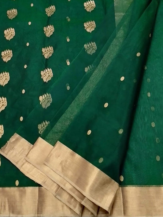 Green Chanderi Handloom Pure Katan Silk Saree - Luxurion World