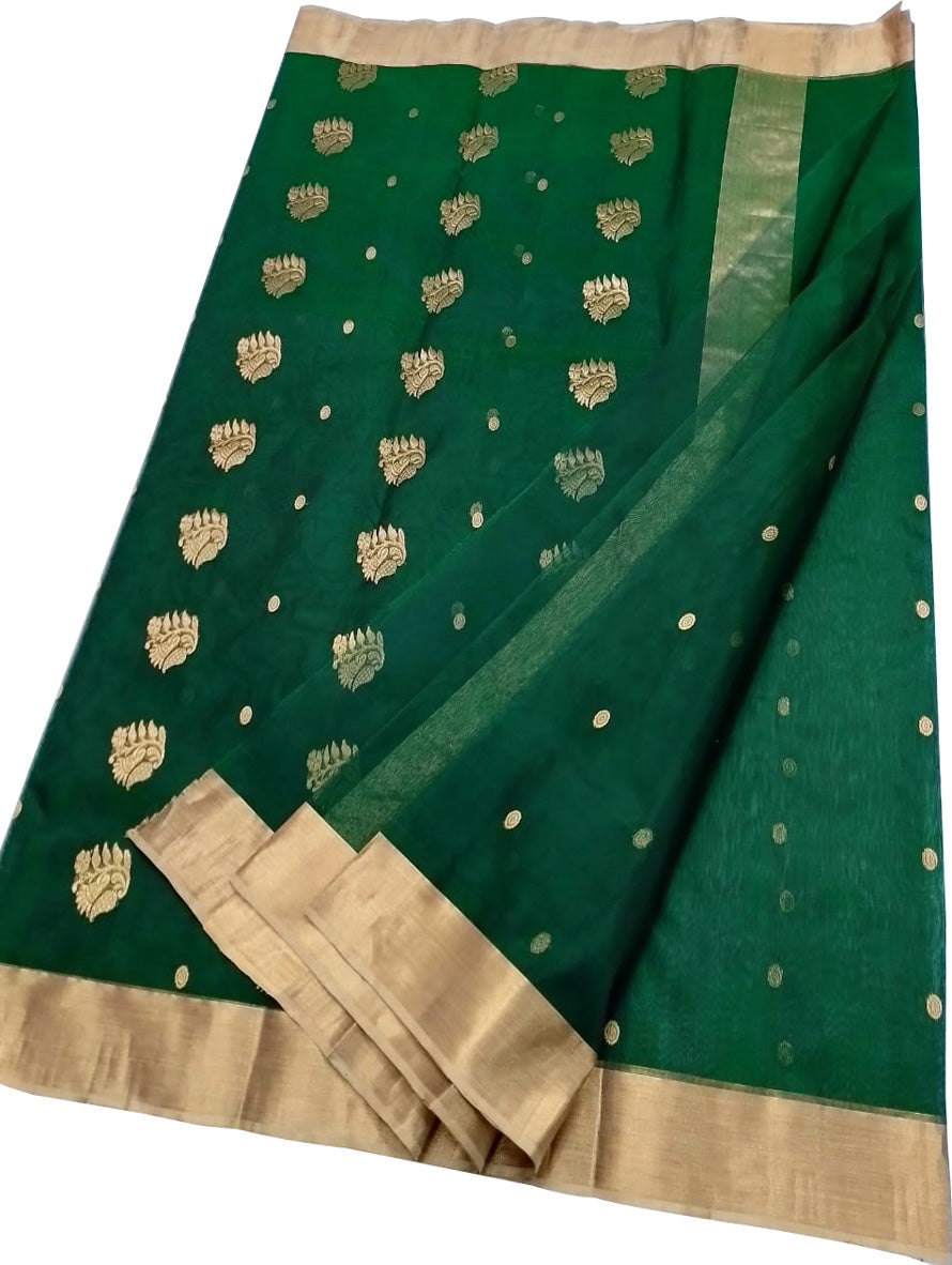 Green Chanderi Handloom Pure Katan Silk Saree - Luxurion World