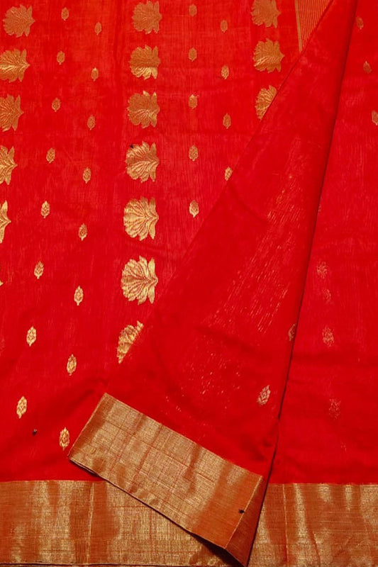 Red Chanderi Handloom Cotton Silk Saree - Luxurion World