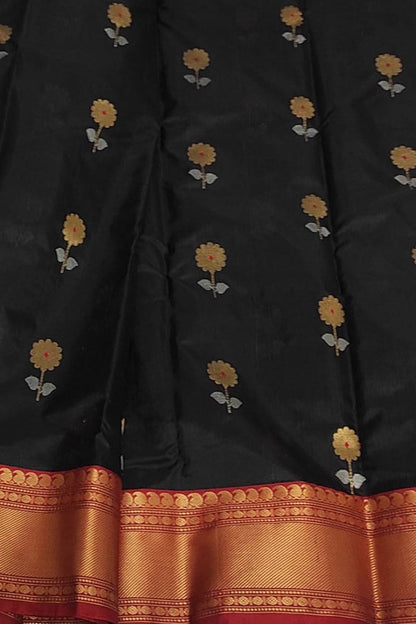 Black Chanderi Handloom Pure Silk Saree - Luxurion World